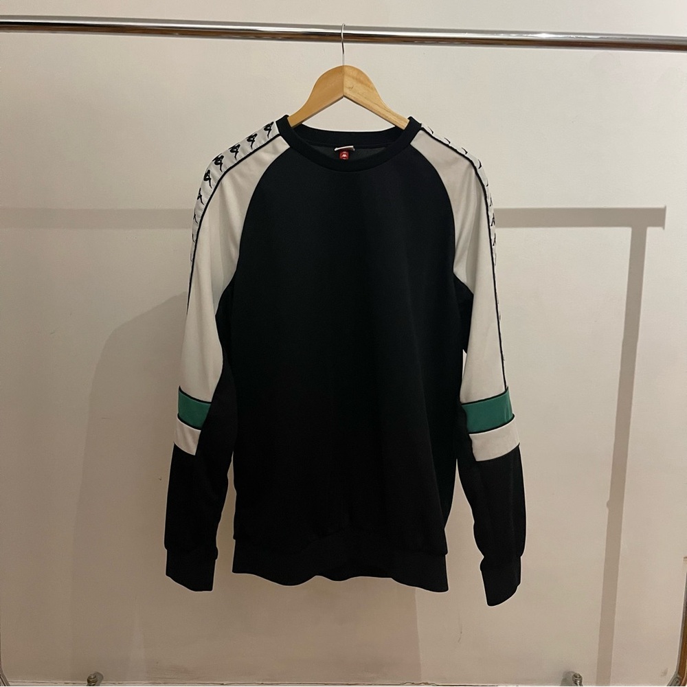 Kappa Black and White Crewneck Sweater with Green Stripes